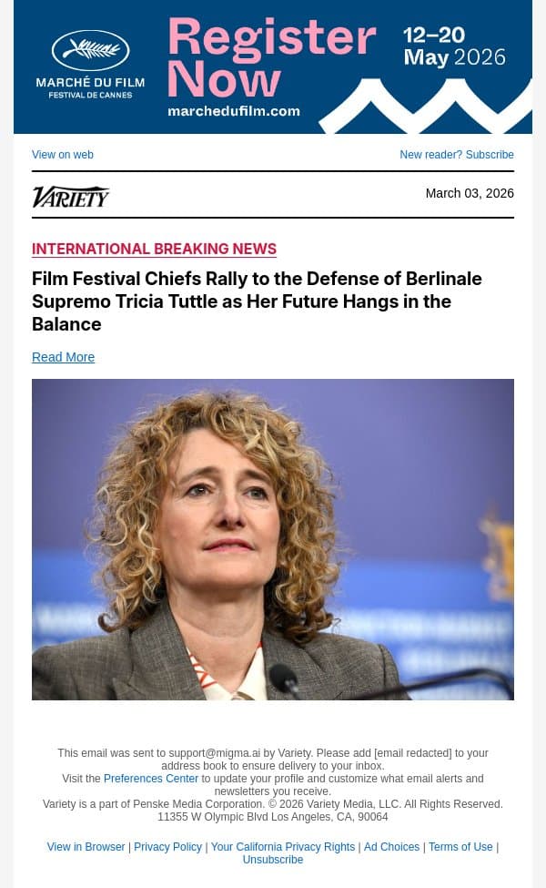Film Festival Chiefs Rally to the Defense of Berlinale Supremo Tricia Tuttle as Her Future Hangs in the Balance email from Variety screenshot