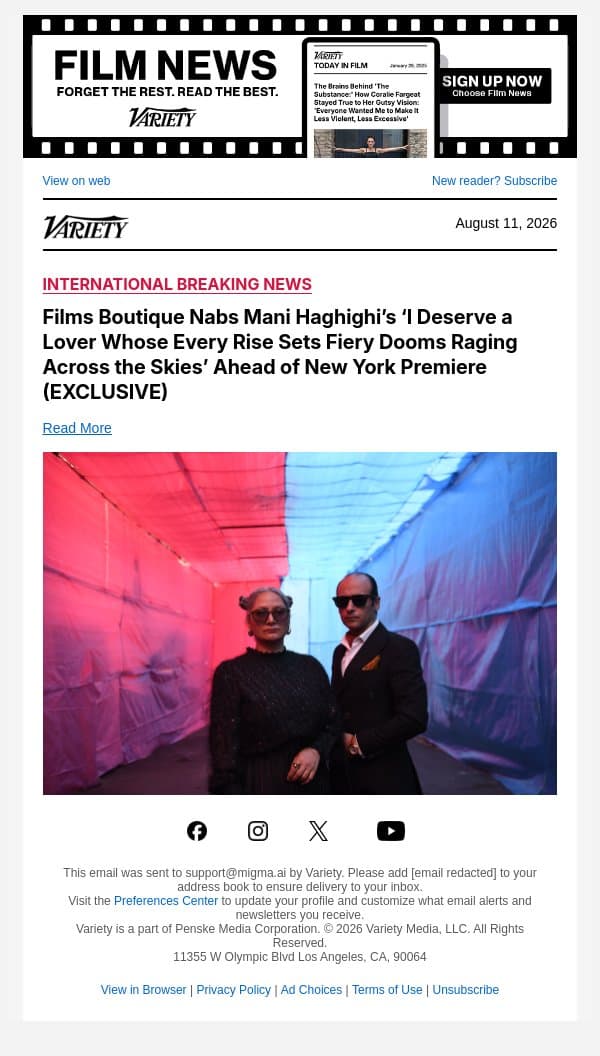 Films Boutique Nabs Mani Haghighi’s ‘I Deserve a Lover Whose Every Rise Sets Fiery Dooms Raging Across the Skies’ Ahead of New York Premiere (EXCLUSIVE) email from Variety screenshot