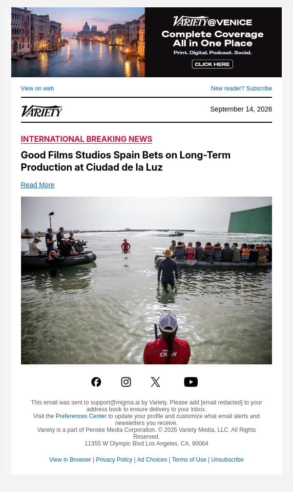Good Films Studios Spain Bets on Long-Term Production at Ciudad de la Luz email from Variety screenshot