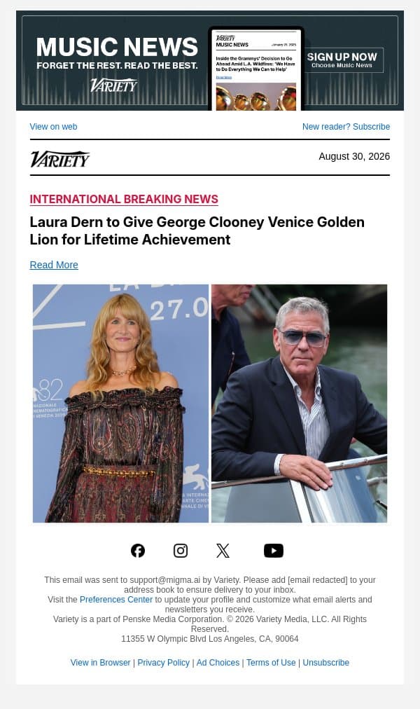 Laura Dern to Give George Clooney Venice Golden Lion for Lifetime Achievement email from Variety screenshot