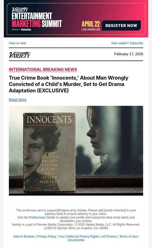 True Crime Book 'Innocents,' About Man Wrongly Convicted of a Child's Murder, Set to Get Drama Adaptation (EXCLUSIVE) email from Variety screenshot
