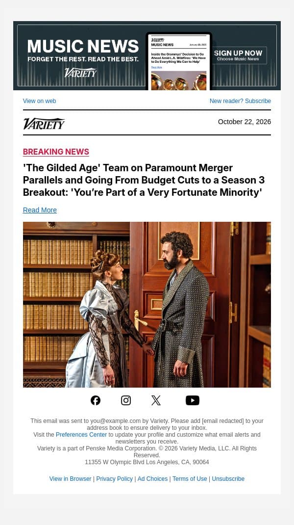 'The Gilded Age' Team on Paramount Merger Parallels and Going From Budget Cuts to a Season 3 Breakout: 'You’re Part of a Very Fortunate Minority' email from Variety screenshot