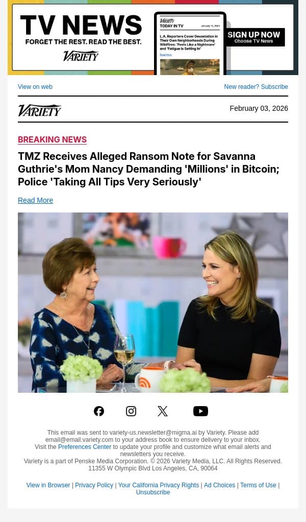 TMZ Receives Alleged Ransom Note for Savanna Guthrie's Mom Nancy Demanding 'Millions' in Bitcoin; Police 'Taking All Tips Very Seriously' email from Variety screenshot