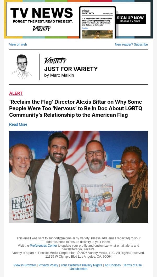 ‘Reclaim the Flag’ Director Alexis Bittar on Why Some People Were Too ‘Nervous’ to Be in Doc About LGBTQ Community’s Relationship to the American Flag email from Variety screenshot