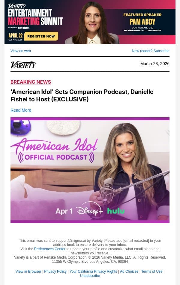 'American Idol' Sets Companion Podcast, Danielle Fishel to Host (EXCLUSIVE) email from Variety screenshot