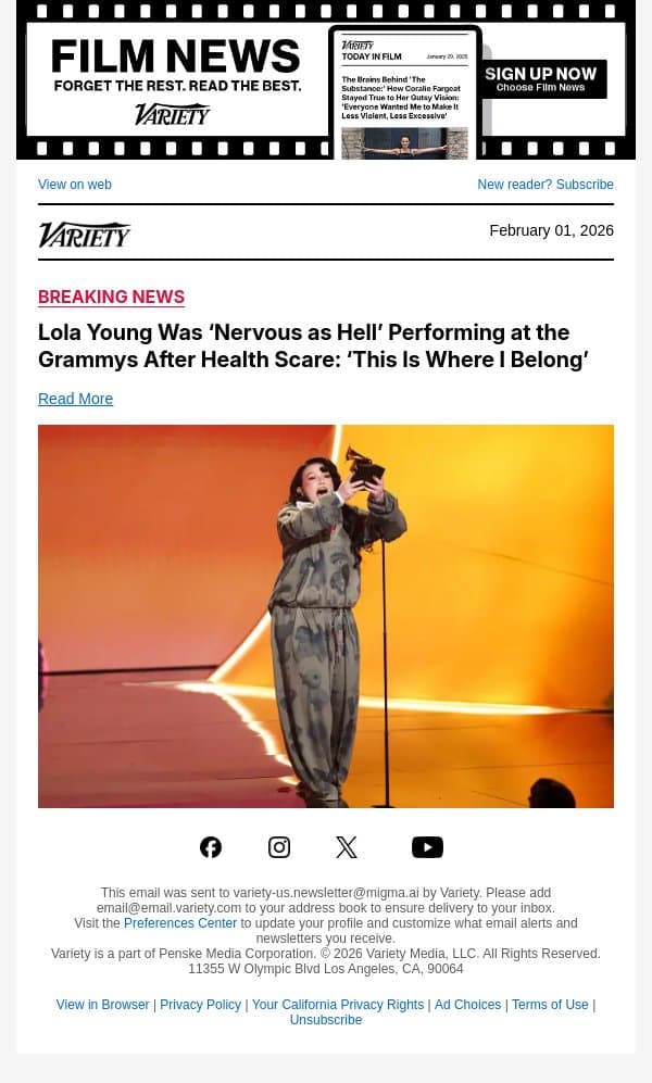 Lola Young Was ‘Nervous as Hell’ Performing at the Grammys After Health Scare: ‘This Is Where I Belong’ email from Variety screenshot