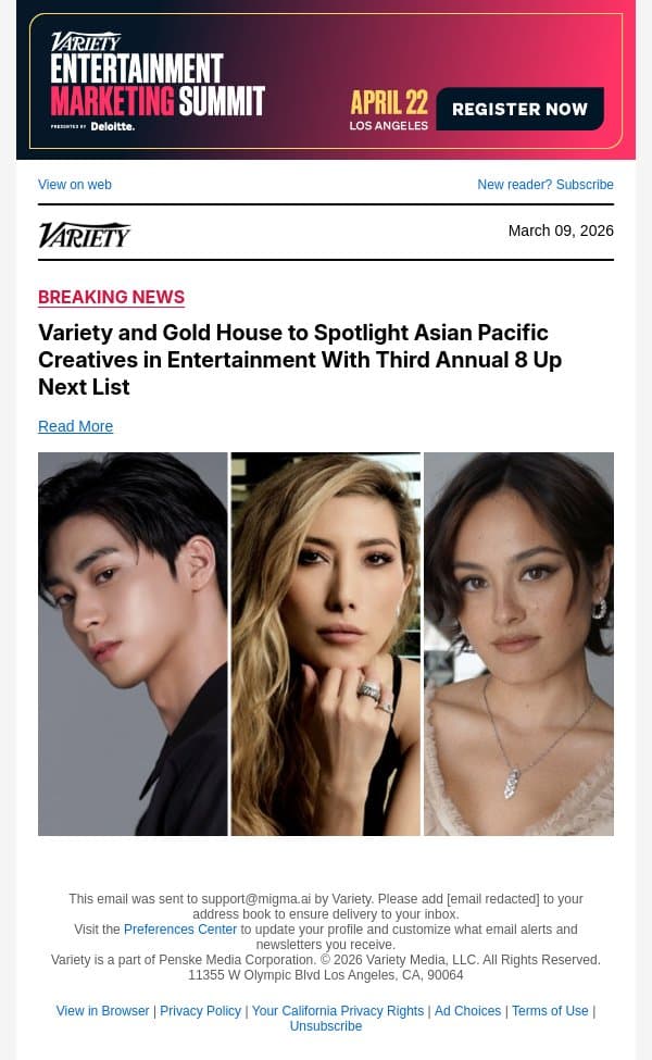 Variety and Gold House to Spotlight Asian Pacific Creatives in Entertainment With Third Annual 8 Up Next List email from Variety screenshot