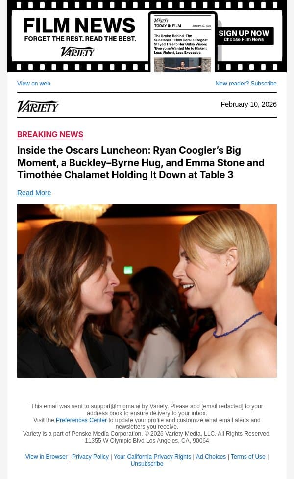 Inside the Oscars Luncheon: Ryan Coogler’s Big Moment, a Buckley–Byrne Hug, and Emma Stone and Timothée Chalamet Holding It Down at Table 3 email from Variety screenshot