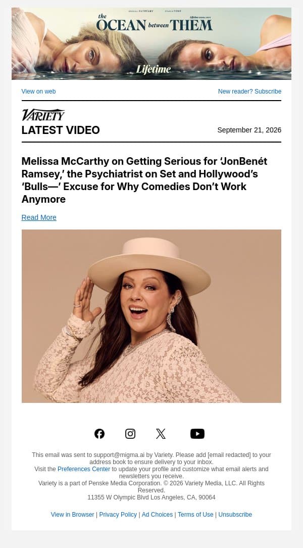 Melissa McCarthy on Getting Serious for ‘JonBenét Ramsey,’ the Psychiatrist on Set and Hollywood’s ‘Bulls—’ Excuse for Why Comedies Don’t Work Anymore email from Variety screenshot