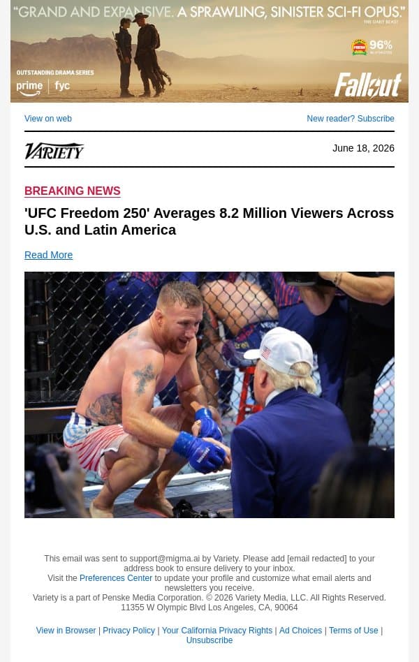 'UFC Freedom 250' Averages 8.2 Million Viewers Across U.S. and Latin America email from Variety screenshot