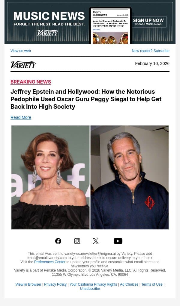 Jeffrey Epstein and Hollywood: How the Notorious Pedophile Used Oscar Guru Peggy Siegal to Help Get Back Into High Society email from Variety screenshot