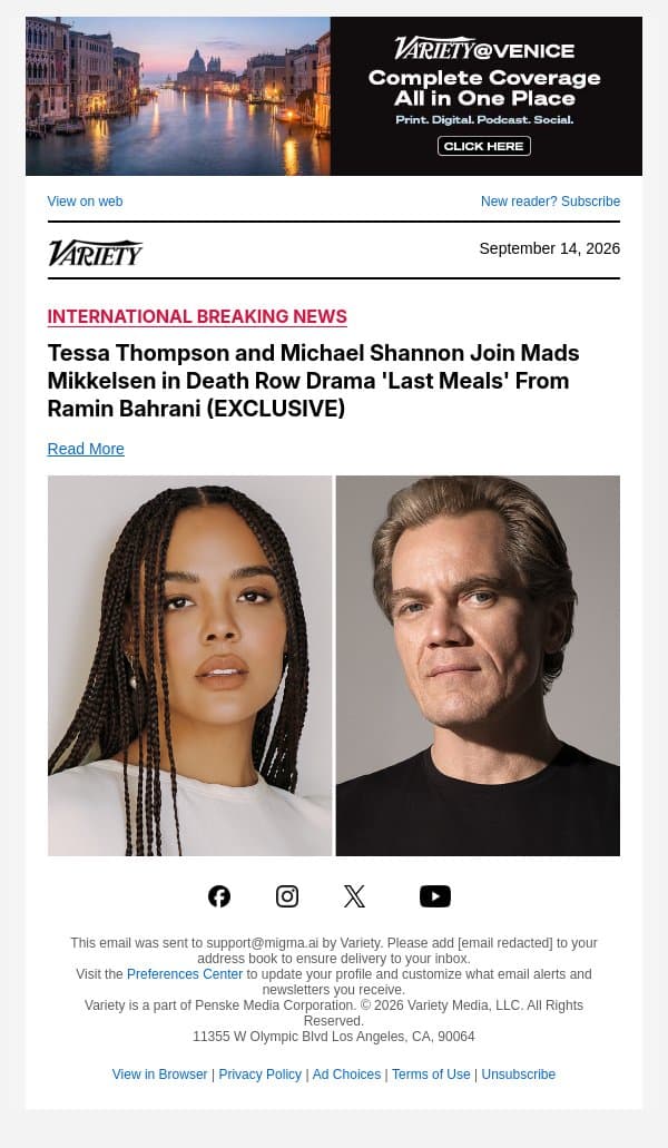 Tessa Thompson and Michael Shannon Join Mads Mikkelsen in Death Row Drama 'Last Meals' From Ramin Bahrani (EXCLUSIVE) email from Variety screenshot