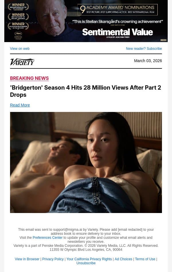 'Bridgerton' Season 4 Hits 28 Million Views After Part 2 Drops email from Variety screenshot