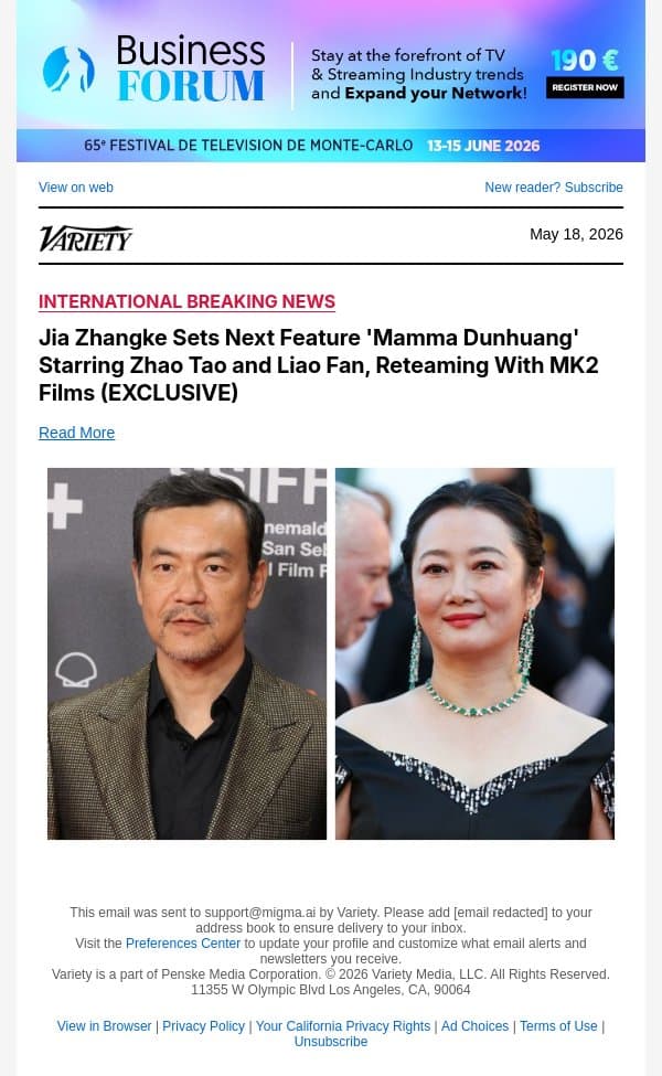 Jia Zhangke Sets Next Feature 'Mamma Dunhuang' Starring Zhao Tao and Liao Fan, Reteaming With MK2 Films (EXCLUSIVE) email from Variety screenshot
