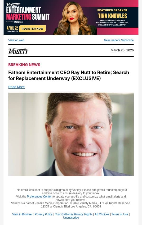 Fathom Entertainment CEO Ray Nutt to Retire; Search for Replacement Underway (EXCLUSIVE) email from Variety screenshot