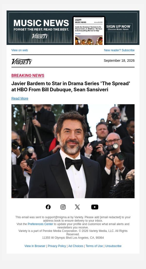 Javier Bardem to Star in Drama Series 'The Spread' at HBO From Bill Dubuque, Sean Sansiveri email from Variety screenshot