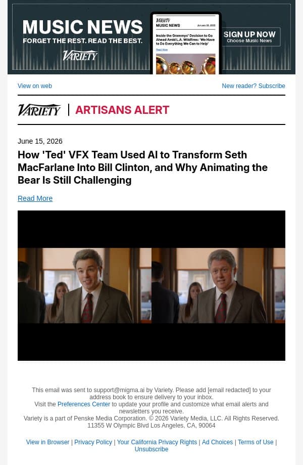 How 'Ted' VFX Team Used AI to Transform Seth MacFarlane Into Bill Clinton, and Why Animating the Bear Is Still Challenging email from Variety screenshot