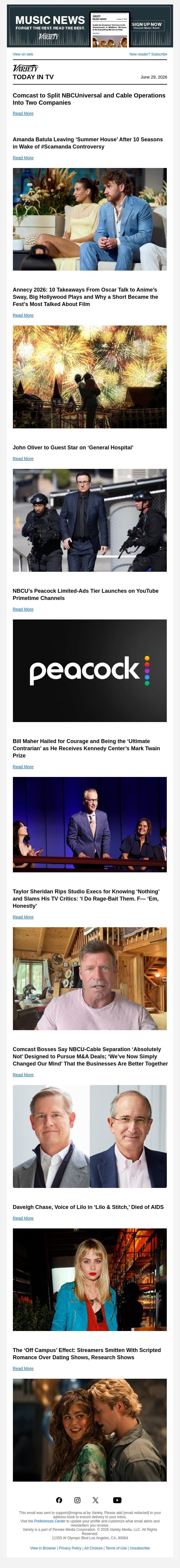 Comcast to Split NBCUniversal and Cable Operations; Amanda Batula Leaving ‘Summer House’; Annecy 2026 Takeaways email from Variety screenshot