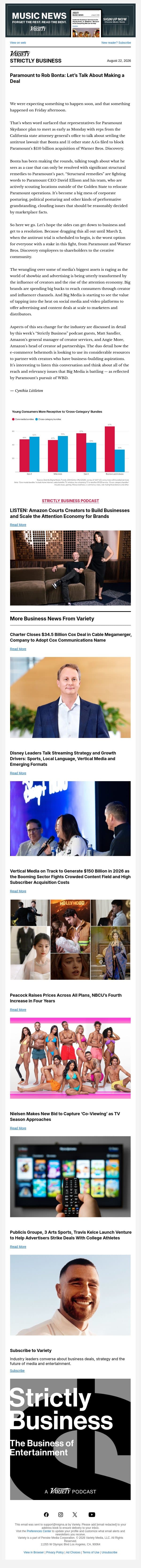 Strictly Business Newsletter & Podcast: Paramount to Rob Bonta: Let’s Talk Deal; Vertical Media to Hit $150 Billion in 2026; Disney Leaders on Growth Drivers; Charter Closes Cox Purchase; Peacock Hikes Prices; and More email from Variety screenshot