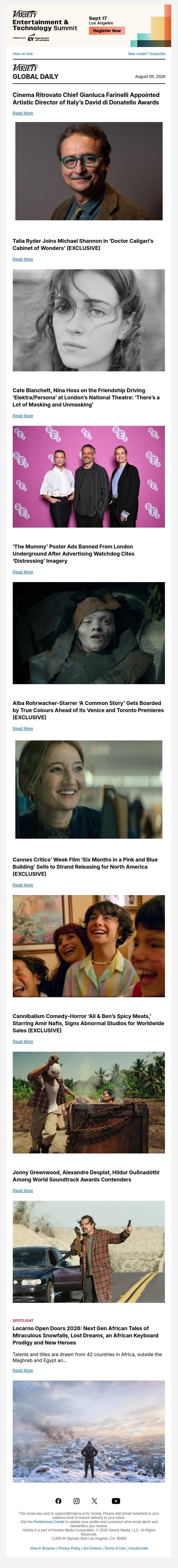 Italian Oscars Get New Chief; Talia Ryder Joins 'Doctor Caligari;' Cate Blanchett, Nina Hoss on 'Electra/Persona' email from Variety screenshot