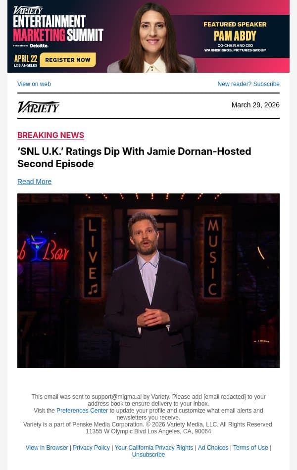 ‘SNL U.K.’ Ratings Dip With Jamie Dornan-Hosted Second Episode email from Variety screenshot