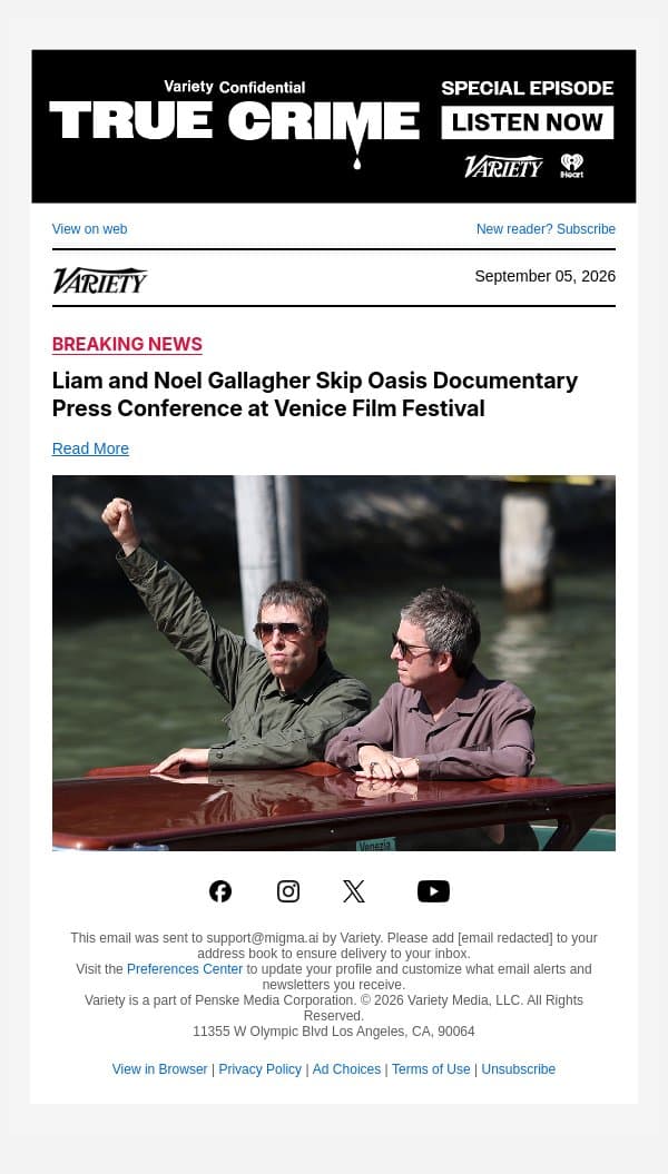 Liam and Noel Gallagher Skip Oasis Documentary Press Conference at Venice Film Festival email from Variety screenshot