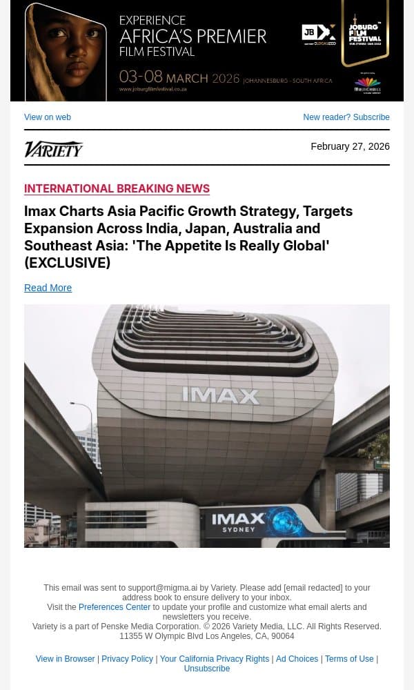 Imax Charts Asia Pacific Growth Strategy, Targets Expansion Across India, Japan, Australia and Southeast Asia: 'The Appetite Is Really Global' (EXCLUSIVE) email from Variety screenshot