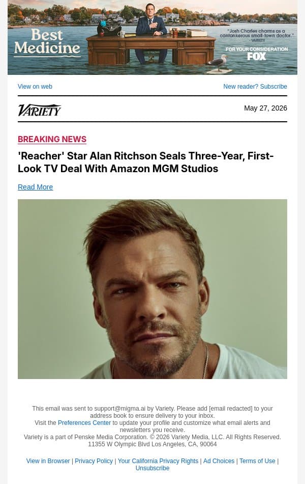 'Reacher' Star Alan Ritchson Seals Three-Year, First-Look TV Deal With Amazon MGM Studios email from Variety screenshot
