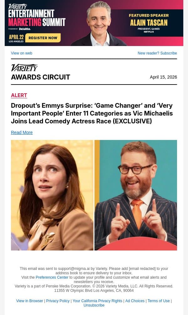 Dropout’s Emmys Surprise: ‘Game Changer’ and ‘Very Important People’ Enter 11 Categories as Vic Michaelis Joins Lead Comedy Actress Race (EXCLUSIVE) email from Variety screenshot