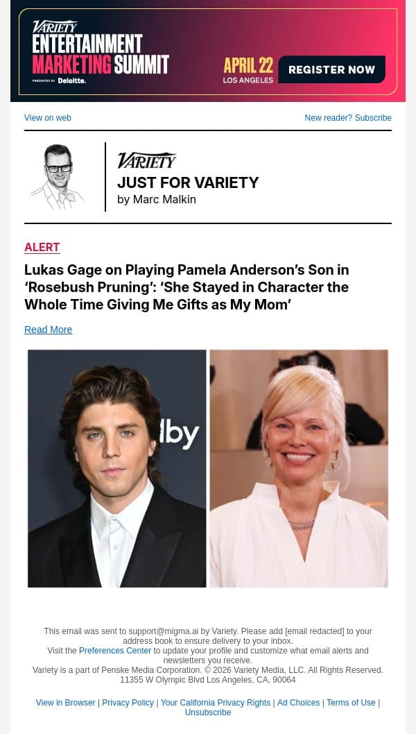 Lukas Gage on Playing Pamela Anderson’s Son in ‘Rosebush Pruning’: ‘She Stayed in Character the Whole Time Giving Me Gifts as My Mom’ email from Variety screenshot