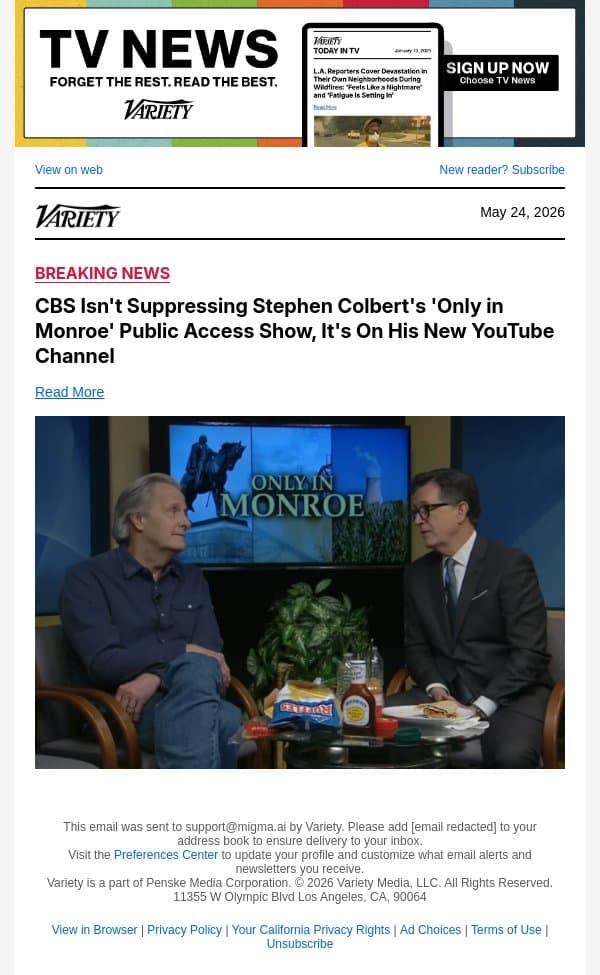 CBS Isn't Suppressing Stephen Colbert's 'Only in Monroe' Public Access Show, It's On His New YouTube Channel email from Variety screenshot