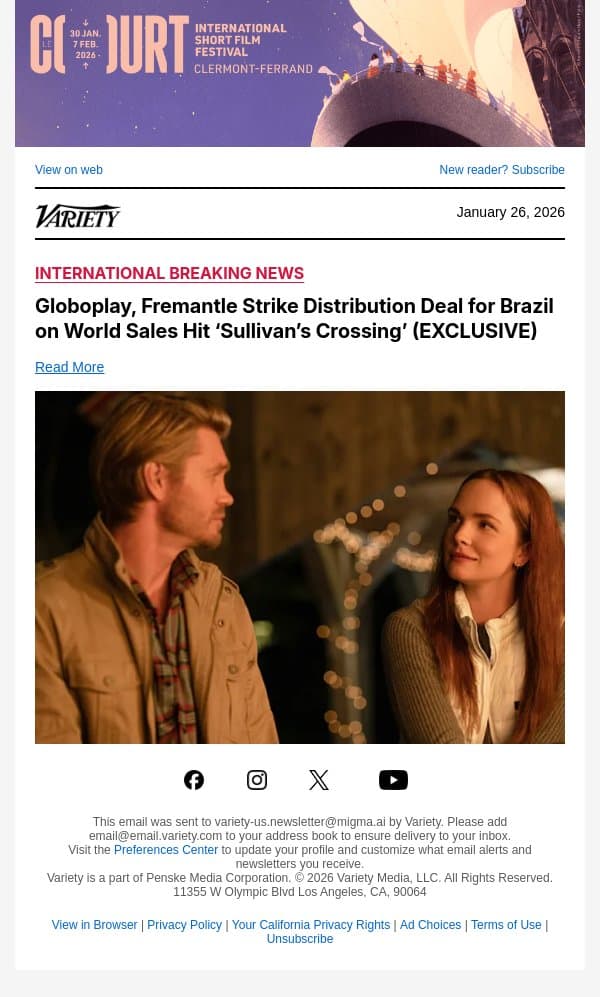 Globoplay, Fremantle Strike Distribution Deal for Brazil on World Sales Hit ‘Sullivan’s Crossing’ (EXCLUSIVE) email from Variety screenshot