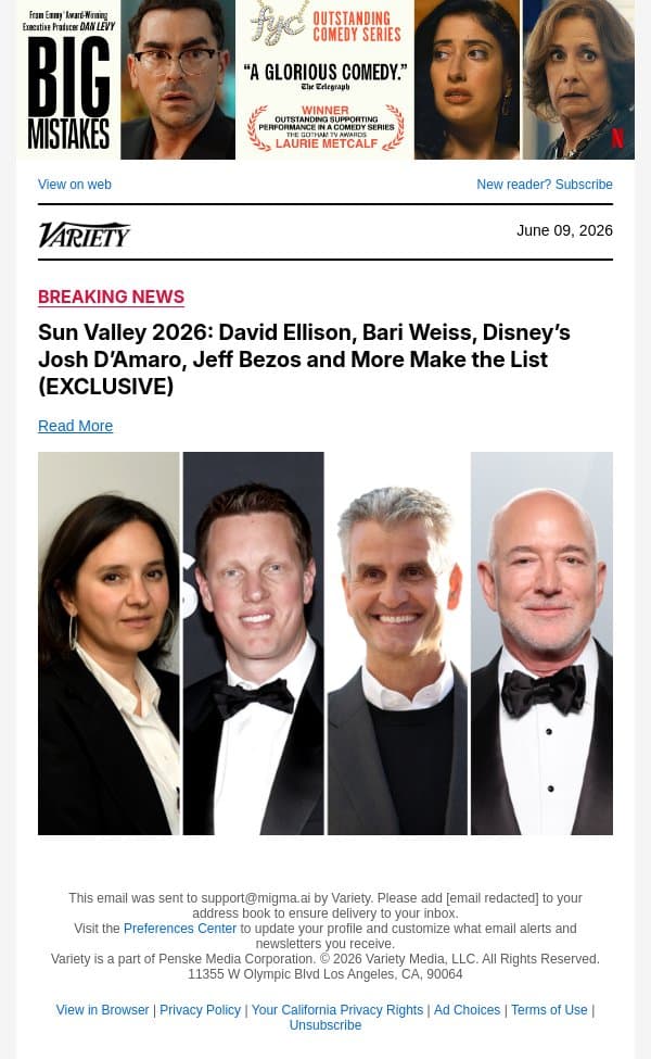 Sun Valley 2026: David Ellison, Bari Weiss, Disney’s Josh D’Amaro, Jeff Bezos and More Make the List (EXCLUSIVE) email from Variety screenshot