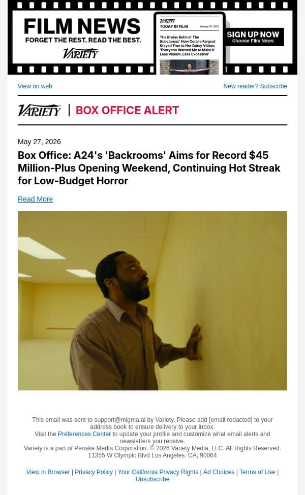 Box Office: A24's 'Backrooms' Aims for Record $45 Million-Plus Opening Weekend, Continuing Hot Streak for Low-Budget Horror email from Variety screenshot