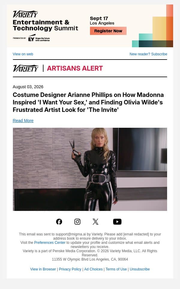Costume Designer Arianne Phillips on How Madonna Inspired 'I Want Your Sex,' and Finding Olivia Wilde's Frustrated Artist Look for 'The Invite' email from Variety screenshot
