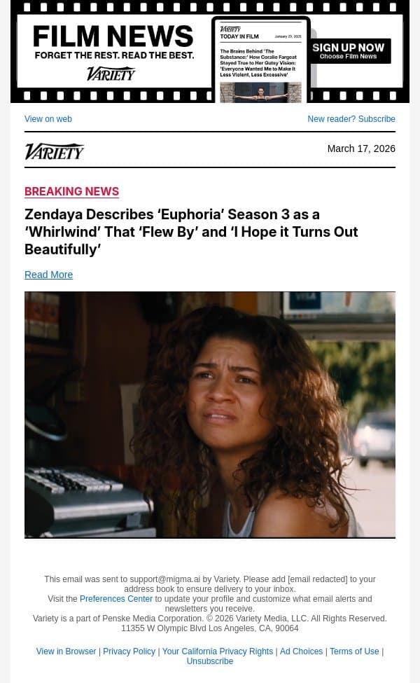 Zendaya Describes ‘Euphoria’ Season 3 as a ‘Whirlwind’ That ‘Flew By’ and ‘I Hope it Turns Out Beautifully’ email from Variety screenshot