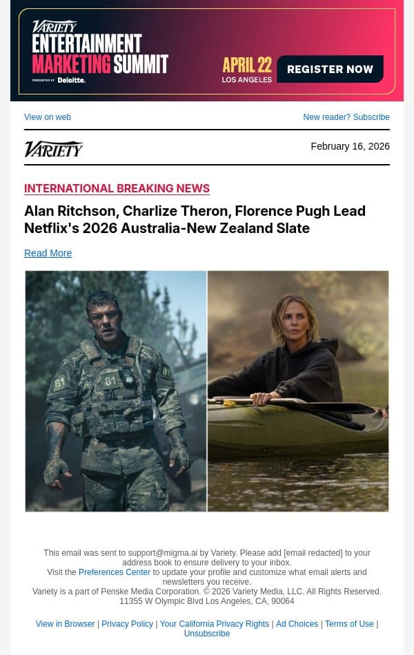Alan Ritchson, Charlize Theron, Florence Pugh Lead Netflix's 2026 Australia-New Zealand Slate email from Variety screenshot