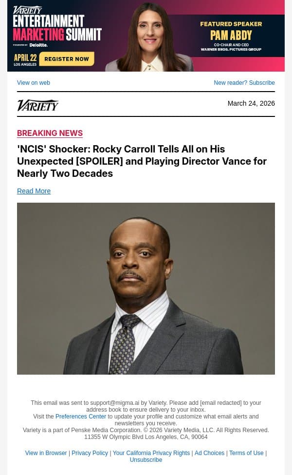 'NCIS' Shocker: Rocky Carroll Tells All on His Unexpected [SPOILER] and Playing Director Vance for Nearly Two Decades email from Variety screenshot