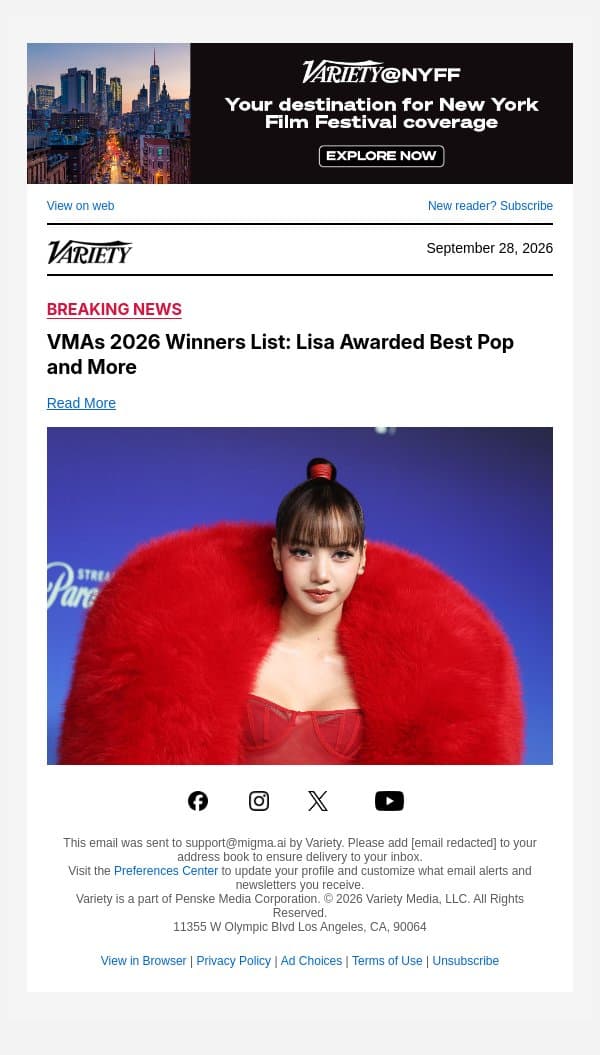 VMAs 2026 Winners List: Lisa Awarded Best Pop and More email from Variety screenshot