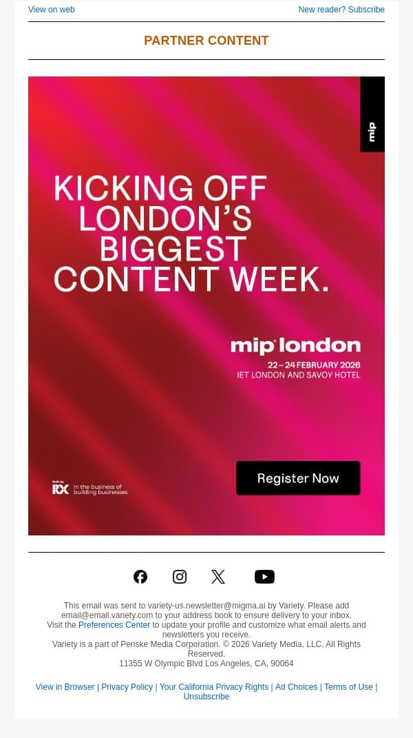 3 Days of Connections, Content & Dealmaking at MIP LONDON 2026 email from Variety screenshot