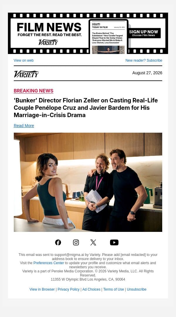 'Bunker' Director Florian Zeller on Casting Real-Life Couple Penélope Cruz and Javier Bardem for His Marriage-in-Crisis Drama email from Variety screenshot