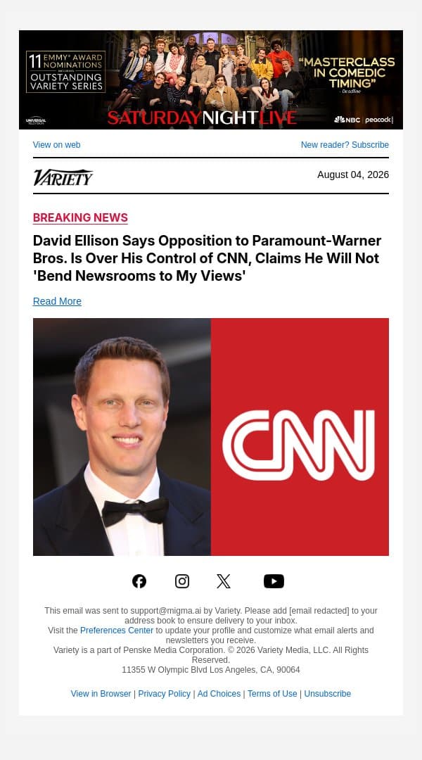 David Ellison Says Opposition to Paramount-Warner Bros. Is Over His Control of CNN, Claims He Will Not 'Bend Newsrooms to My Views' email from Variety screenshot