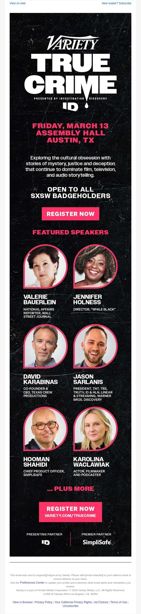 Going to SXSW? Register Today for Variety's True Crime Summit on March 13 email from Variety screenshot