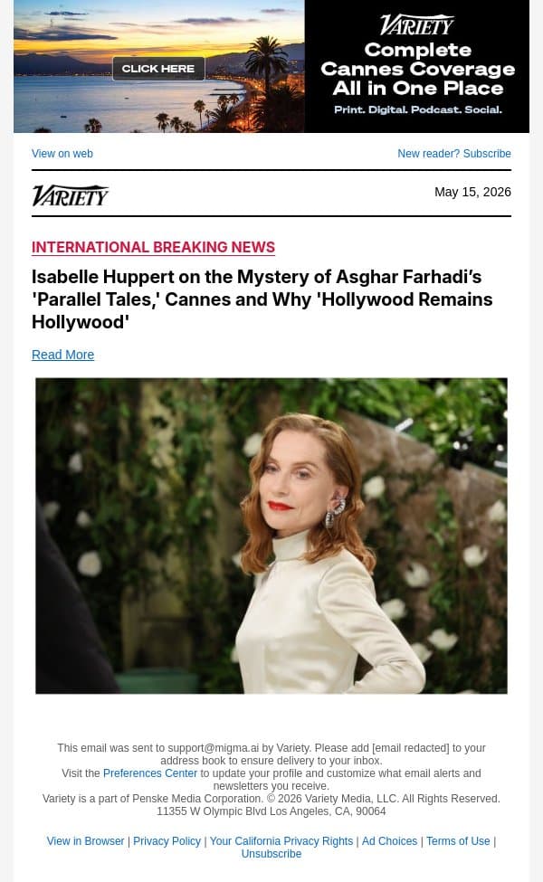 Isabelle Huppert on the Mystery of Asghar Farhadi’s 'Parallel Tales,' Cannes and Why 'Hollywood Remains Hollywood' email from Variety screenshot
