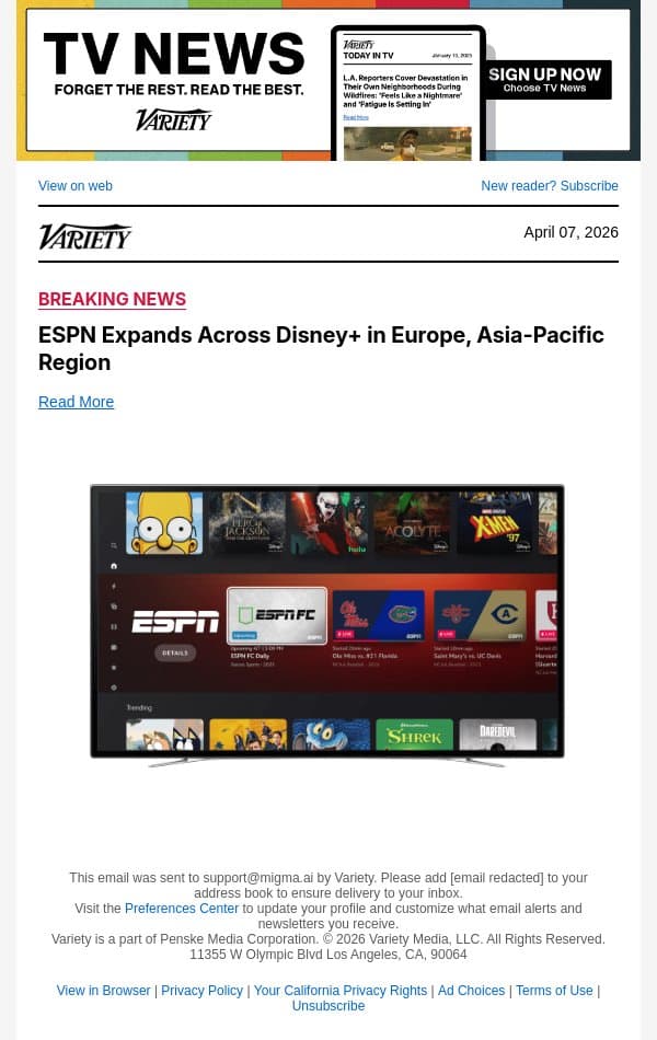 ESPN Expands Across Disney+ in Europe, Asia-Pacific Region email from Variety screenshot