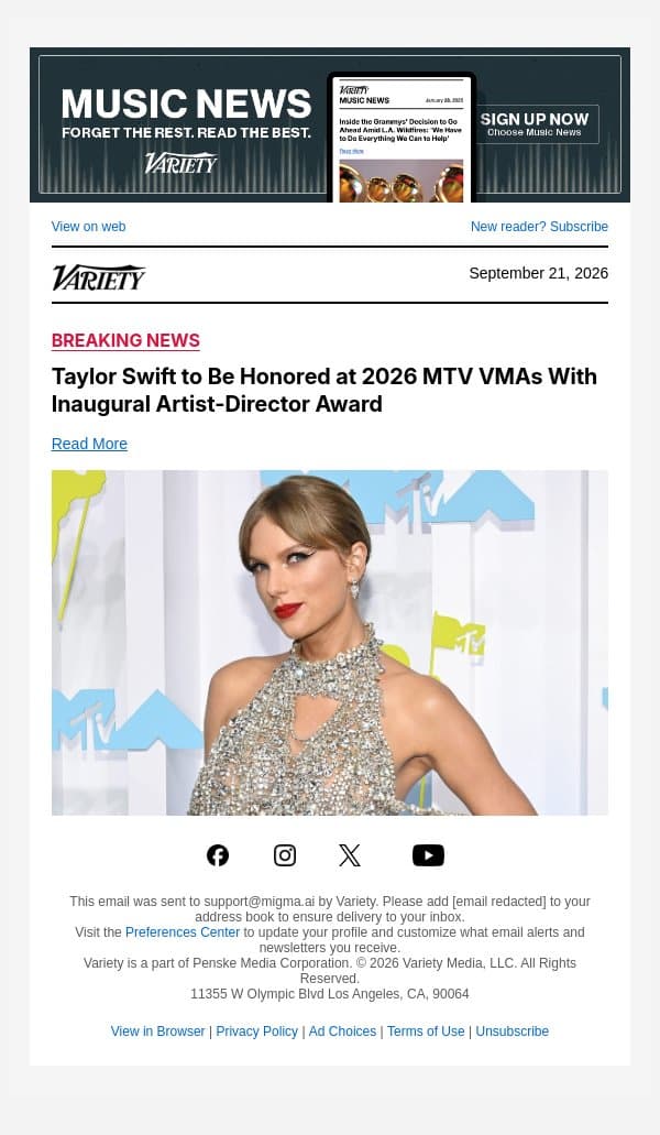 Taylor Swift to Be Honored at 2026 MTV VMAs With Inaugural Artist-Director Award email from Variety screenshot
