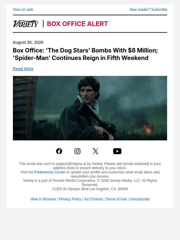 Box Office: 'The Dog Stars' Bombs With $8 Million; 'Spider-Man' Continues Reign in Fifth Weekend email from Variety screenshot