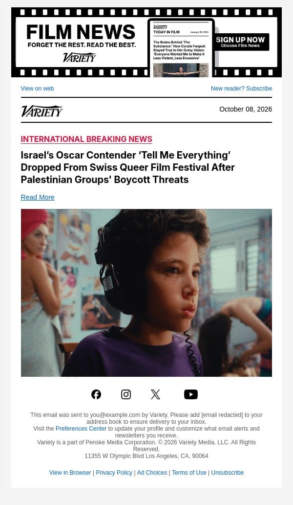 Israel’s Oscar Contender ‘Tell Me Everything’ Dropped From Swiss Queer Film Festival After Palestinian Groups' Boycott Threats email from Variety screenshot