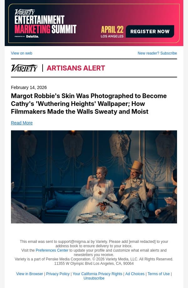 Margot Robbie's Skin Was Photographed to Become Cathy's 'Wuthering Heights' Wallpaper; How Filmmakers Made the Walls Sweaty and Moist email from Variety screenshot