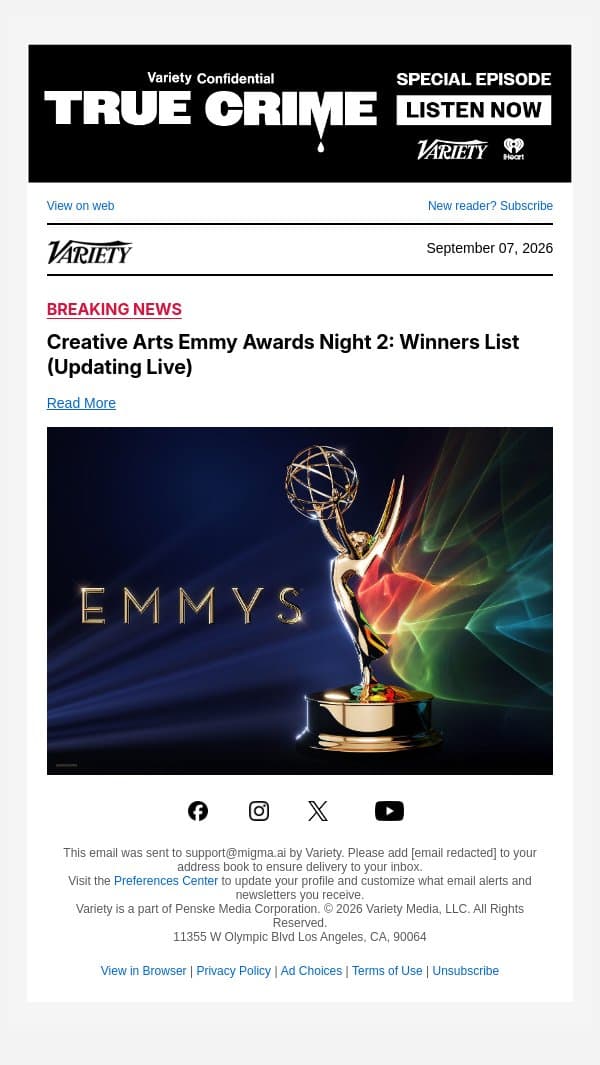 Rob Reiner Wins Posthumous Emmy for Guest Actor in a Comedy Series email from Variety screenshot